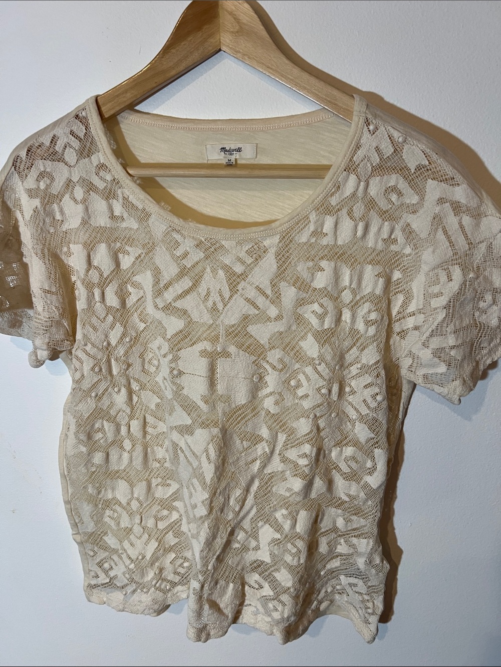 Madewell Beige Cream Short Sleeve Geometric Lace Tee